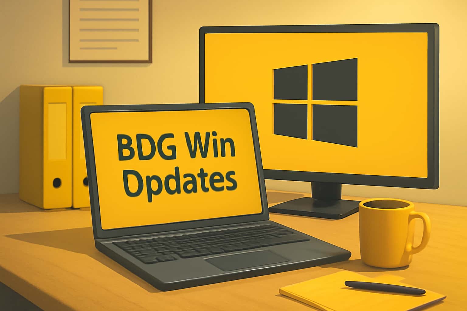 A high-tech representation of BDG Win Updates with technical visuals and #cfbe23 accents.