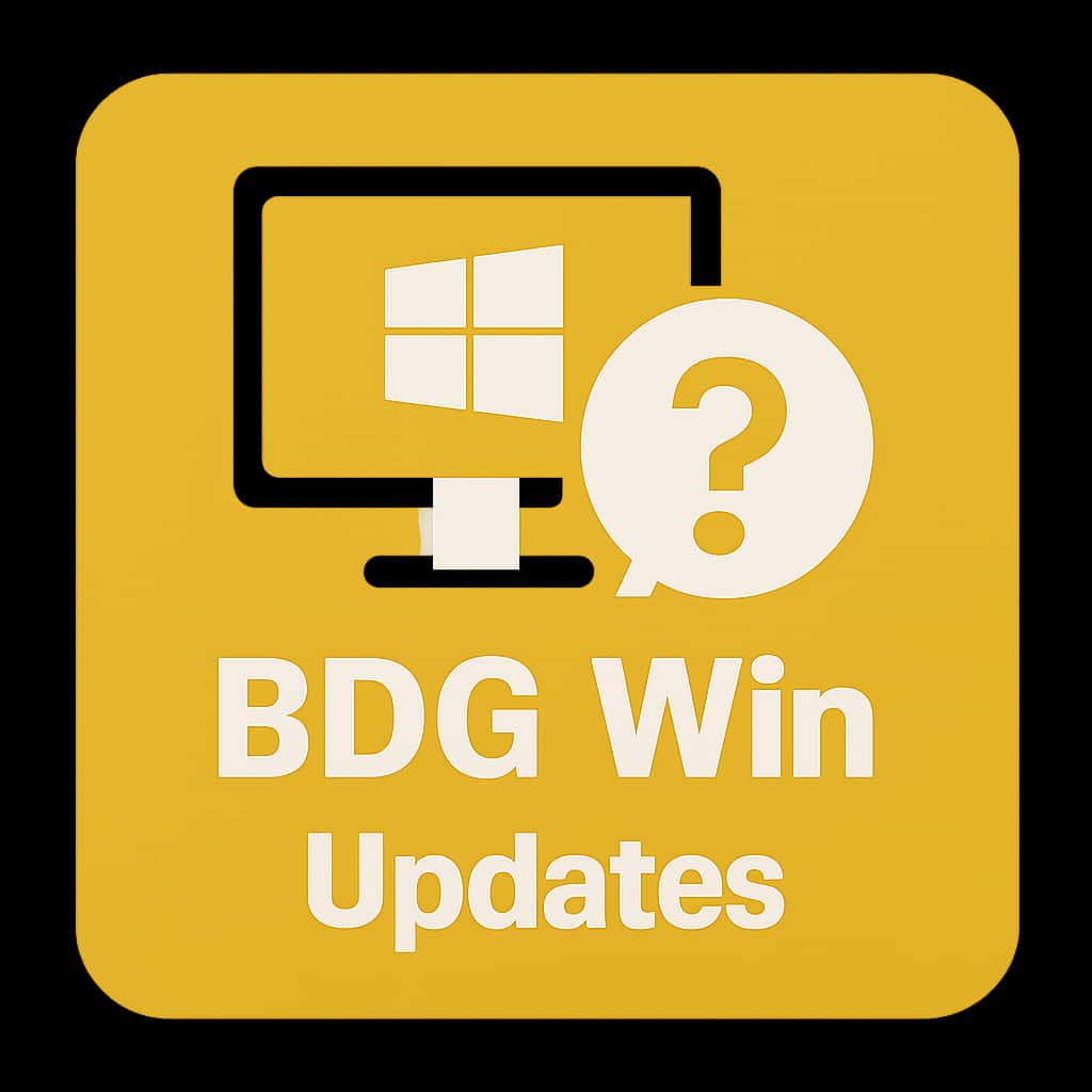 A professional badge for BDG Win Updates featuring a #cfbe23 theme.